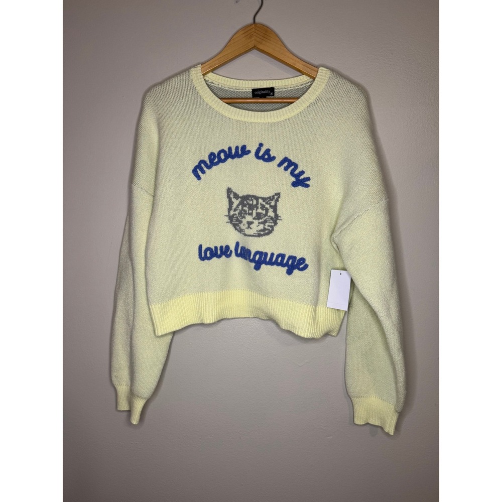 Originality. Pale Yellow Meow Is My Love Language Cat Cropped Sweater
